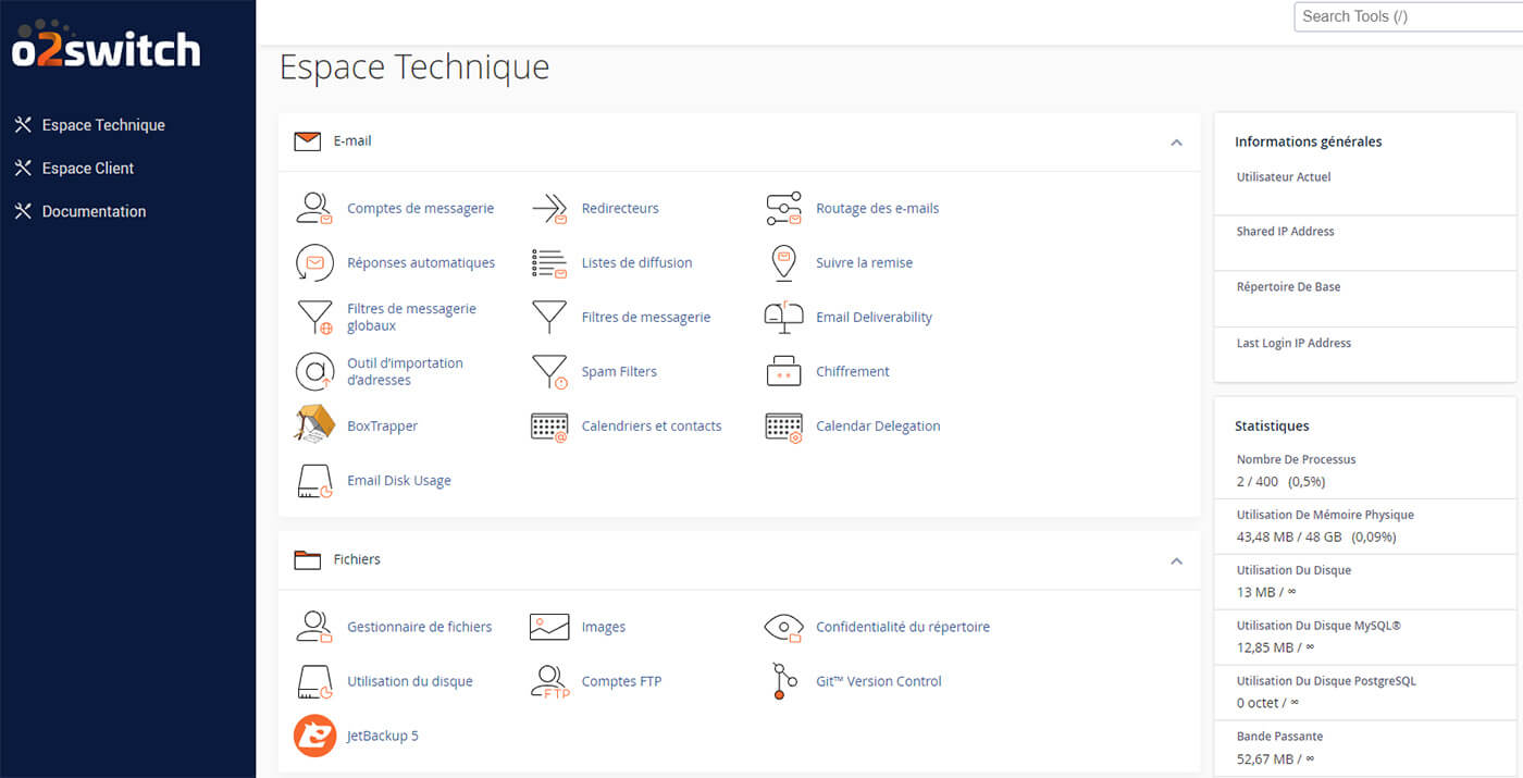 O2switch Interface Cpanel