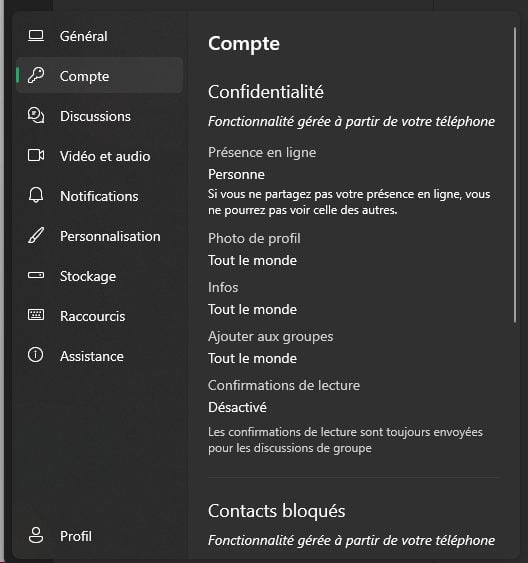 Confidentialité WhatsApp Windows