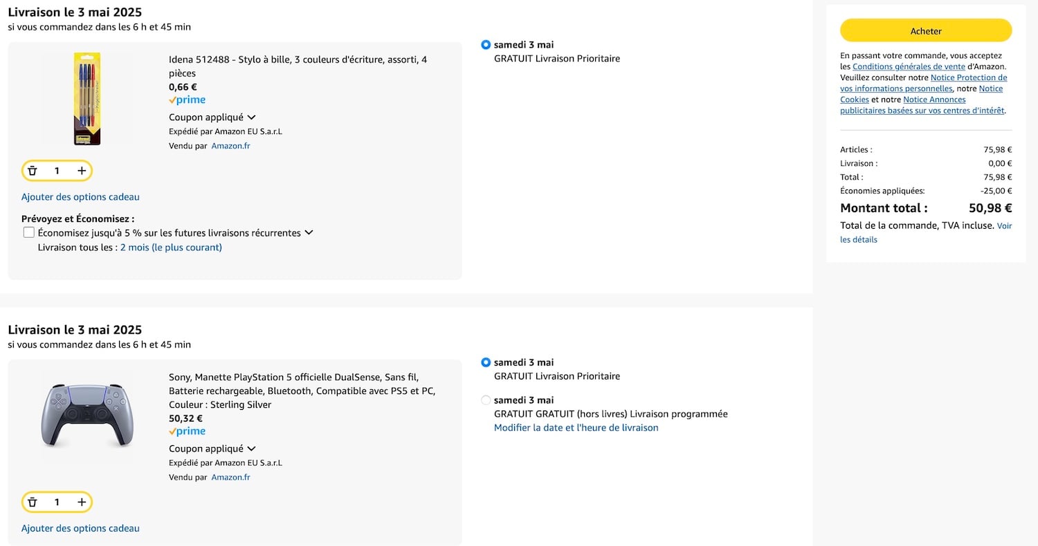 DualSense + Stylos panier Amazon
