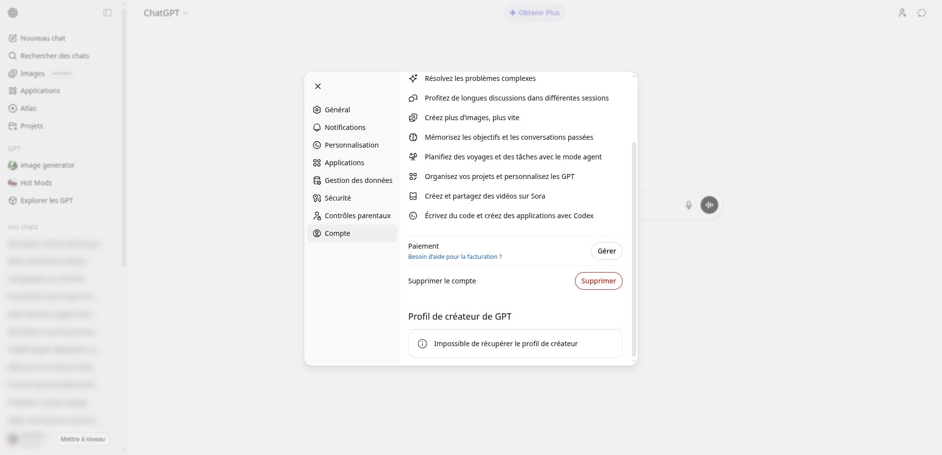 supprimer son compte ChaGPT
