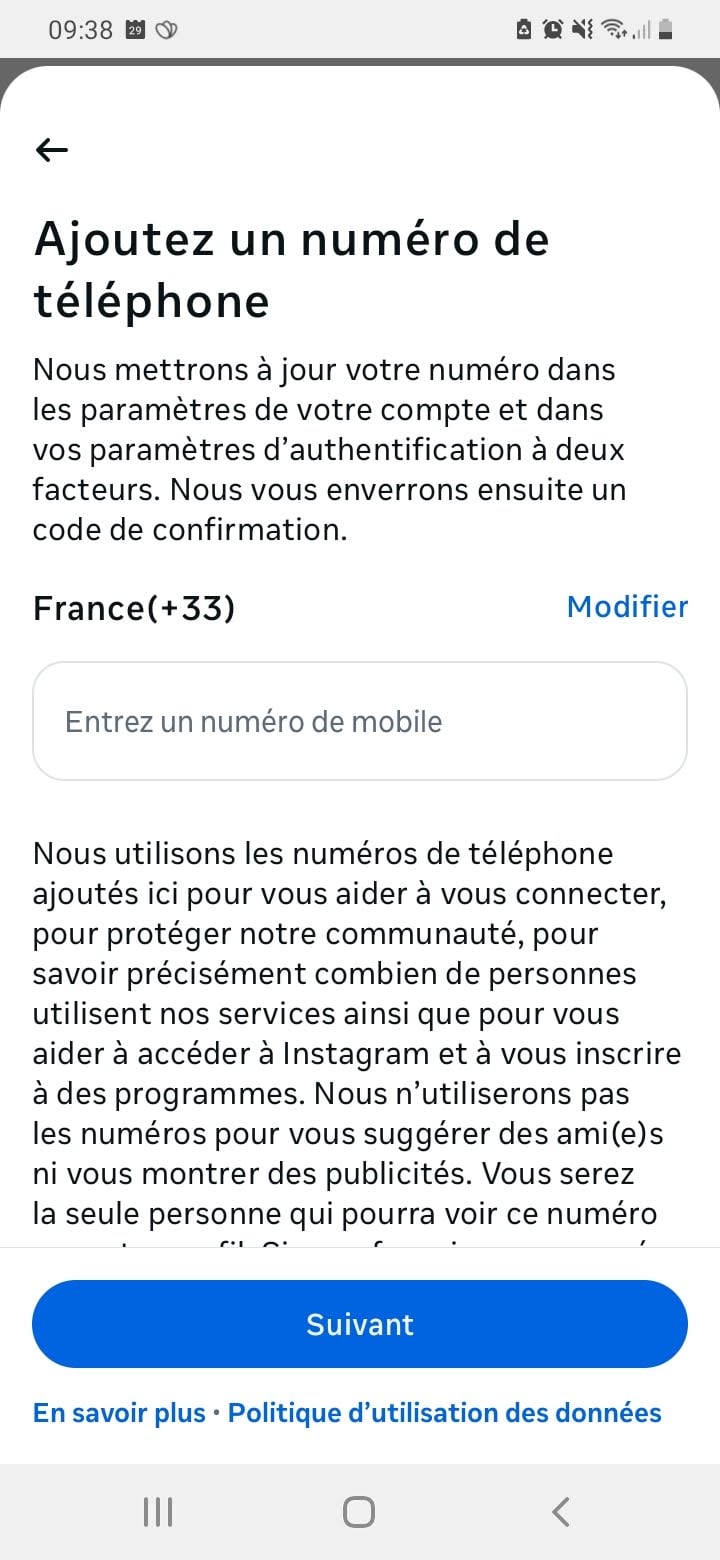 Activation de la double authentification sur Instagram par SMS ou WhatsApp