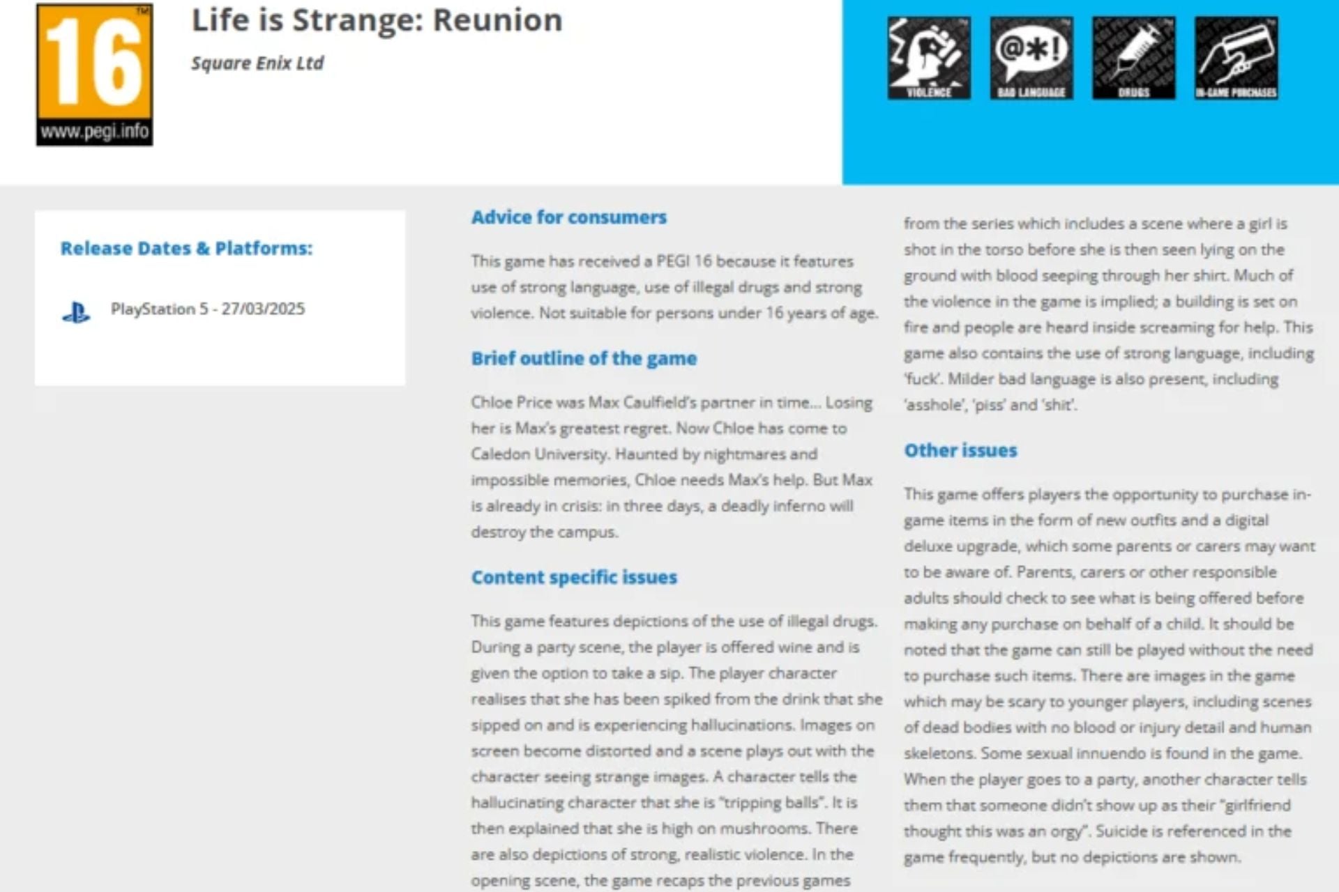 Life Is Strange Reunion Leak Pegi