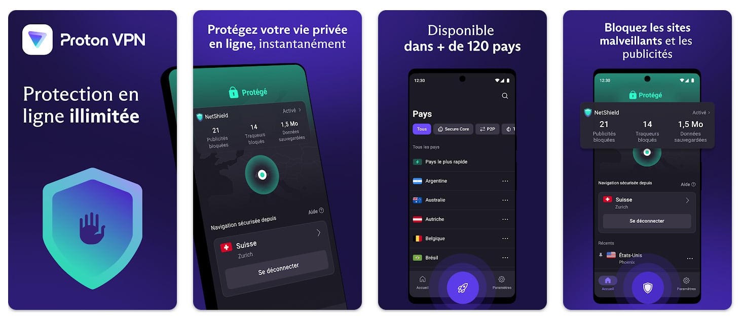 Application Proton VPN sur Android, VPN gratuit sans CB