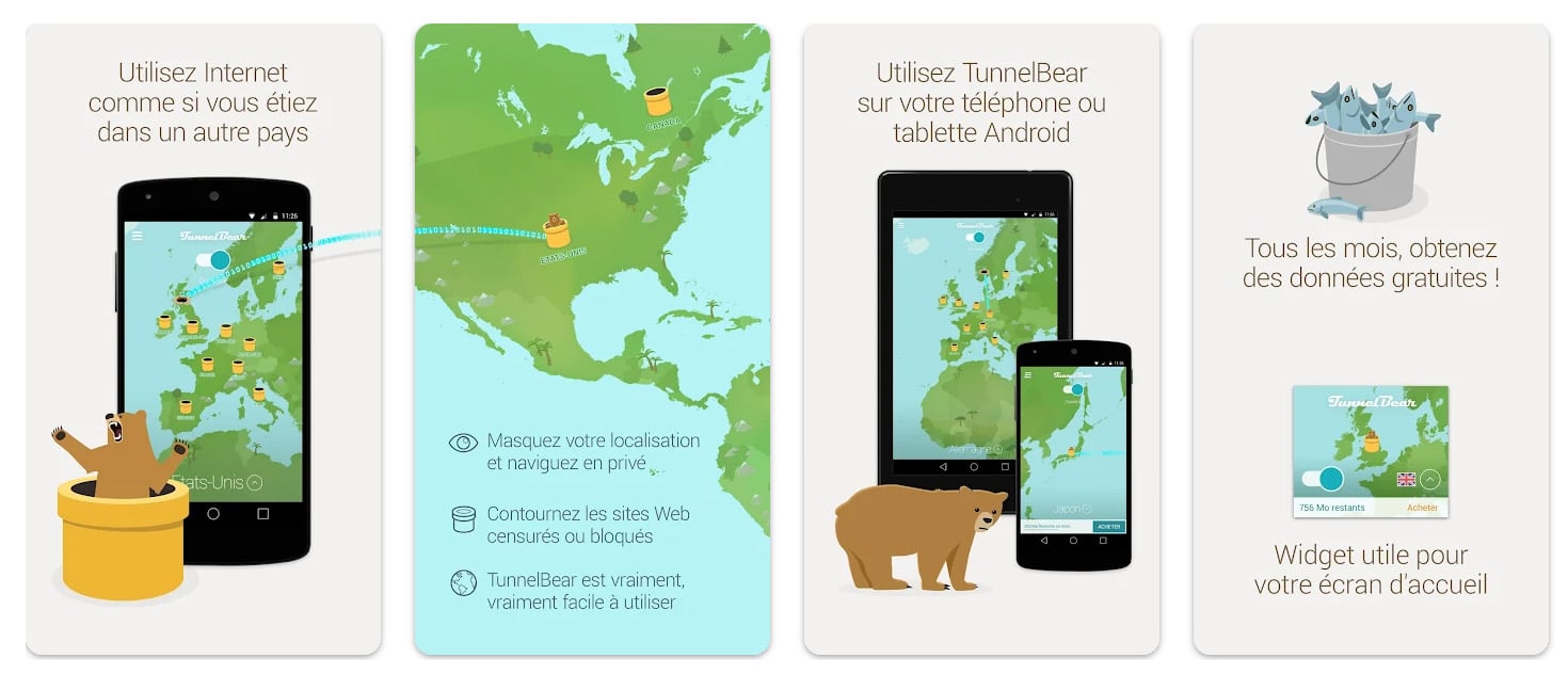 Application TunnelBear sur Android, VPN gratuit 47 pays