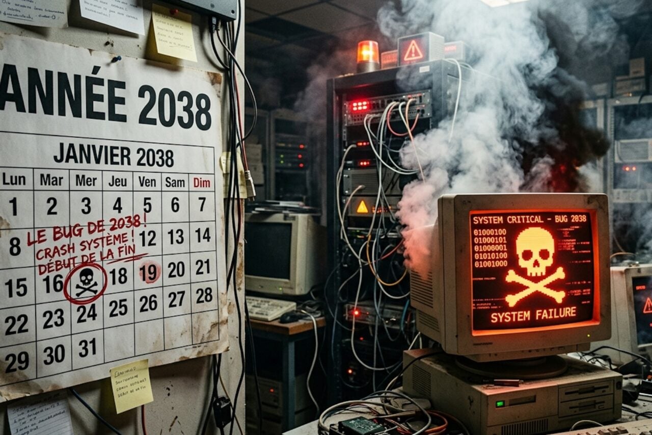 Représentation visuelle du bug 2038 avec un compteur Unix atteignant sa limite maximale