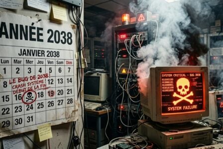 Représentation visuelle du bug 2038 avec un compteur Unix atteignant sa limite maximale