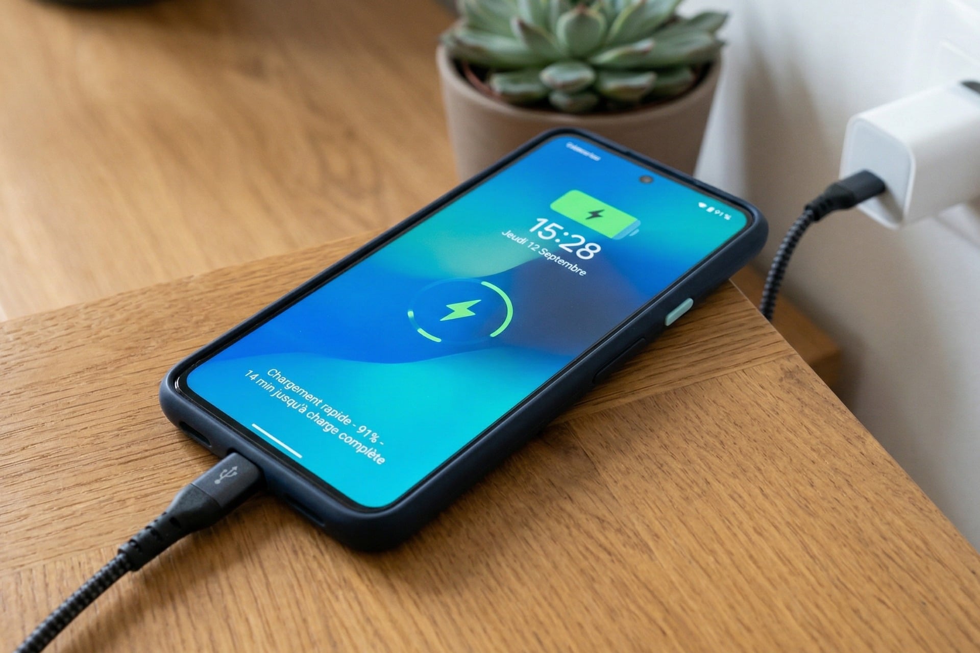 Smartphone branché à un chargeur rapide avec indicateur de batterie visible à l'écran