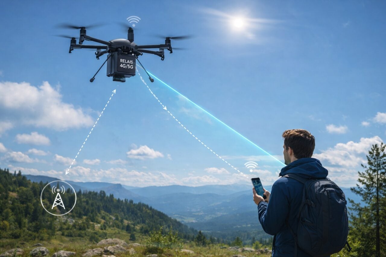 Un drone autonome déployant une couverture réseau mobile au-dessus d'une zone rurale isolée