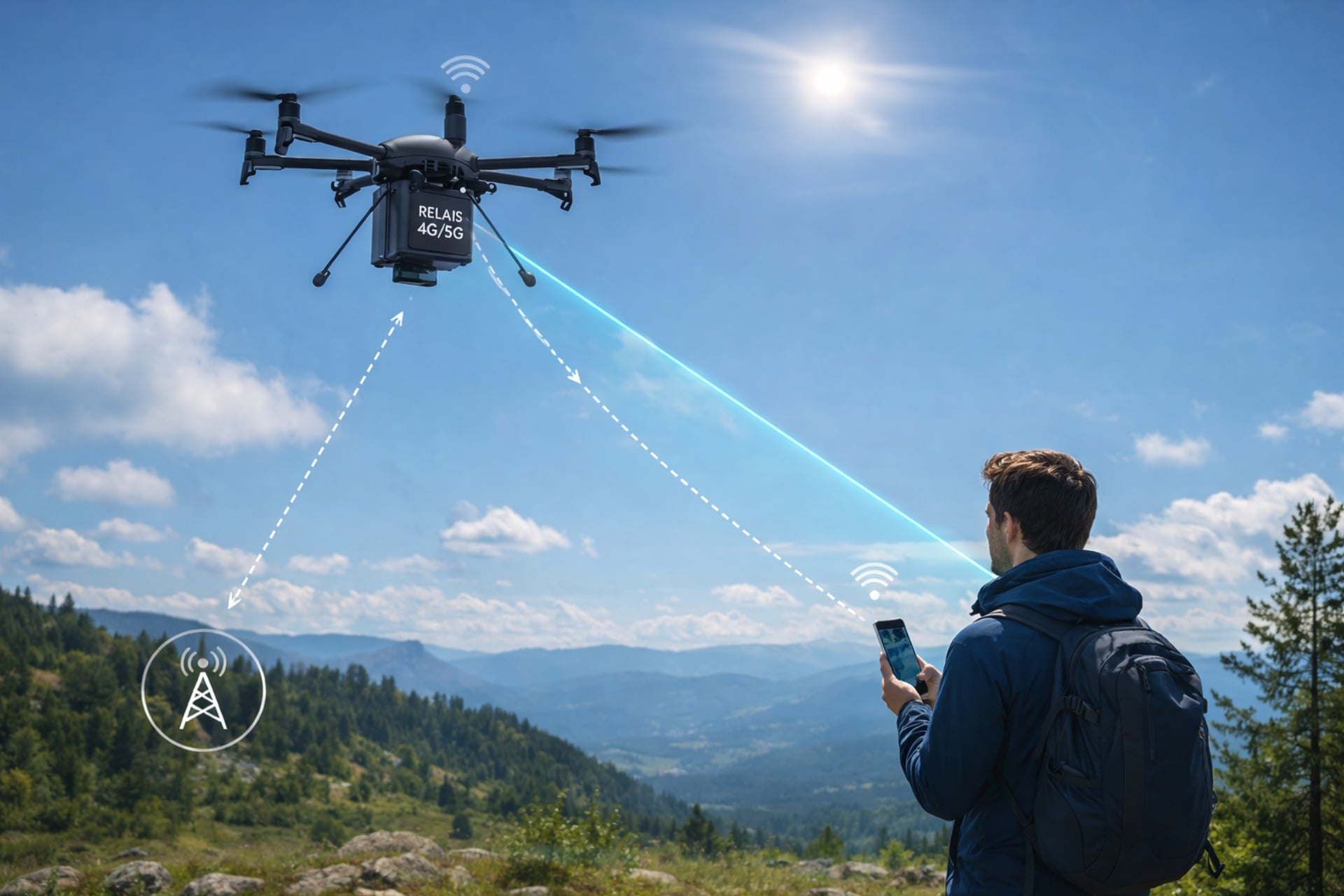 Un drone autonome déployant une couverture réseau mobile au-dessus d'une zone rurale isolée