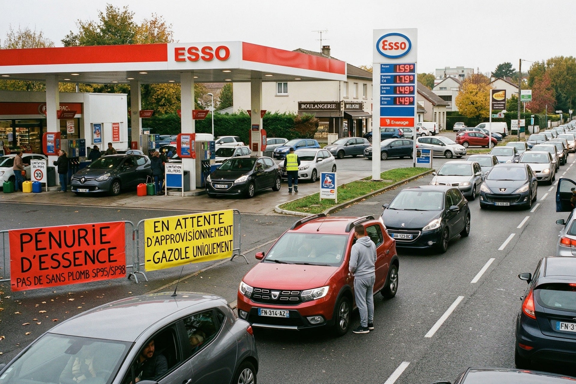 File d'attente devant une station-service en Europe lors d'une pénurie d'essence