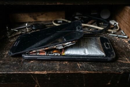 Batterie de smartphone gonflée dans un tiroir sombre, écran décollé visible