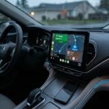 Écran d'infotainment d'une voiture affichant l'interface Android Auto, avec un smartphone posé sur la console centrale