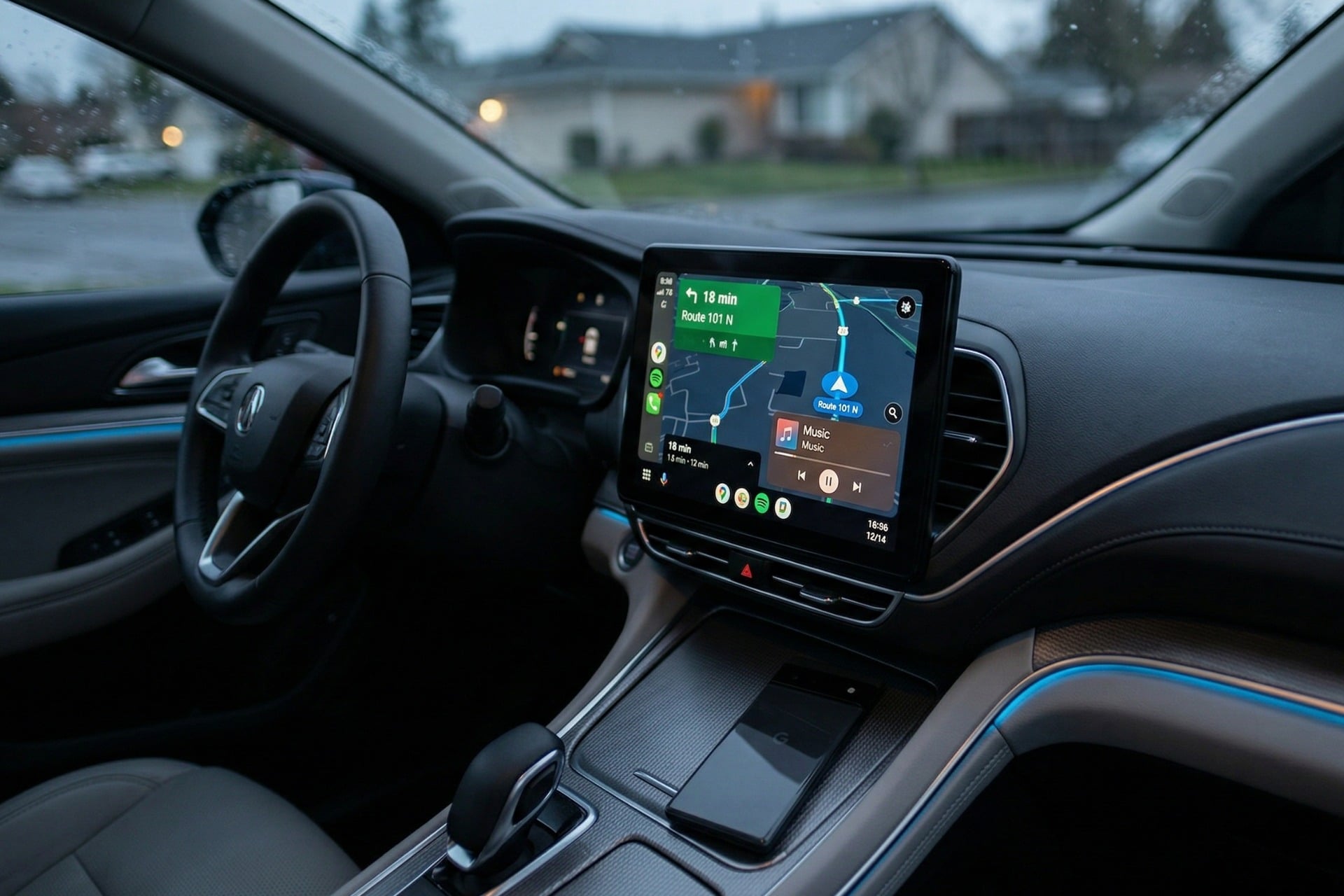 Écran d'infotainment d'une voiture affichant l'interface Android Auto, avec un smartphone posé sur la console centrale