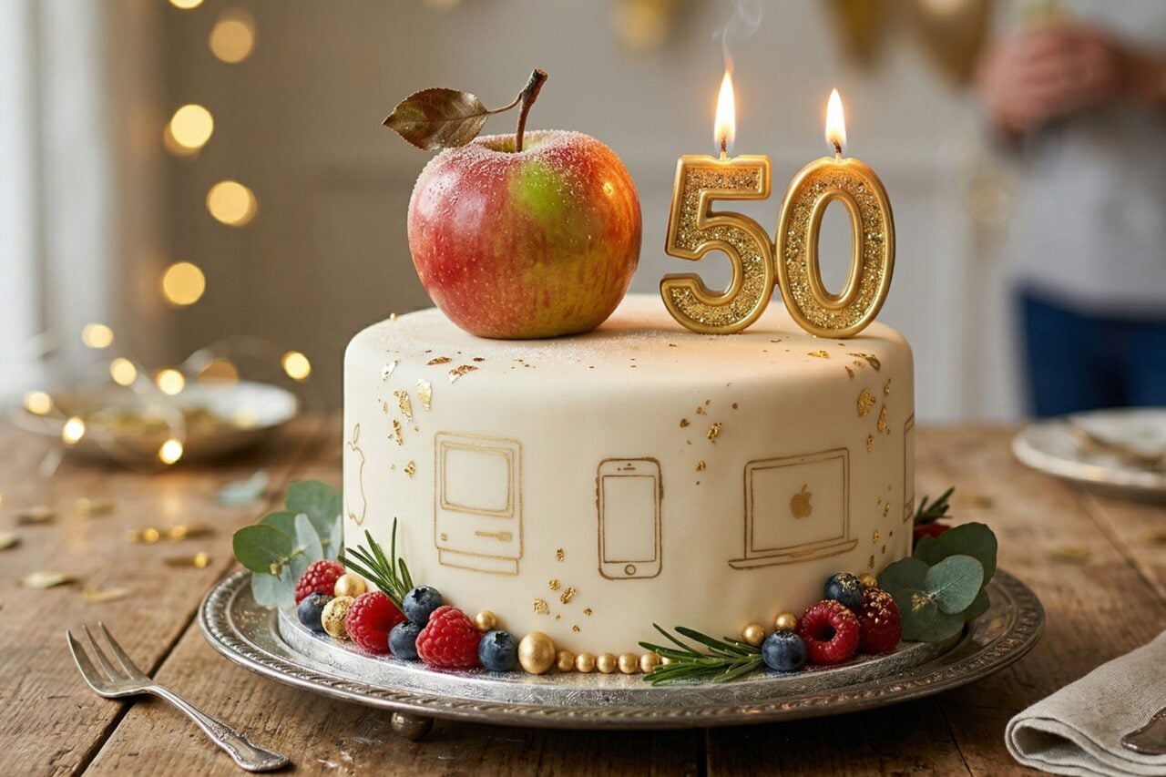 Logo Apple sur le siège social de Cupertino célébrant les 50 ans de la marque