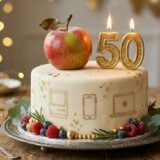 Logo Apple sur le siège social de Cupertino célébrant les 50 ans de la marque