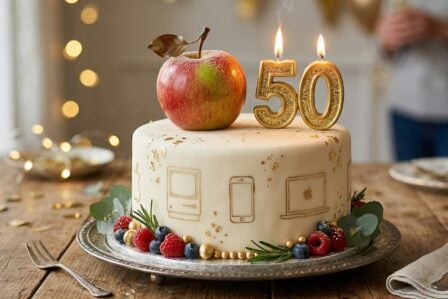 Logo Apple sur le siège social de Cupertino célébrant les 50 ans de la marque