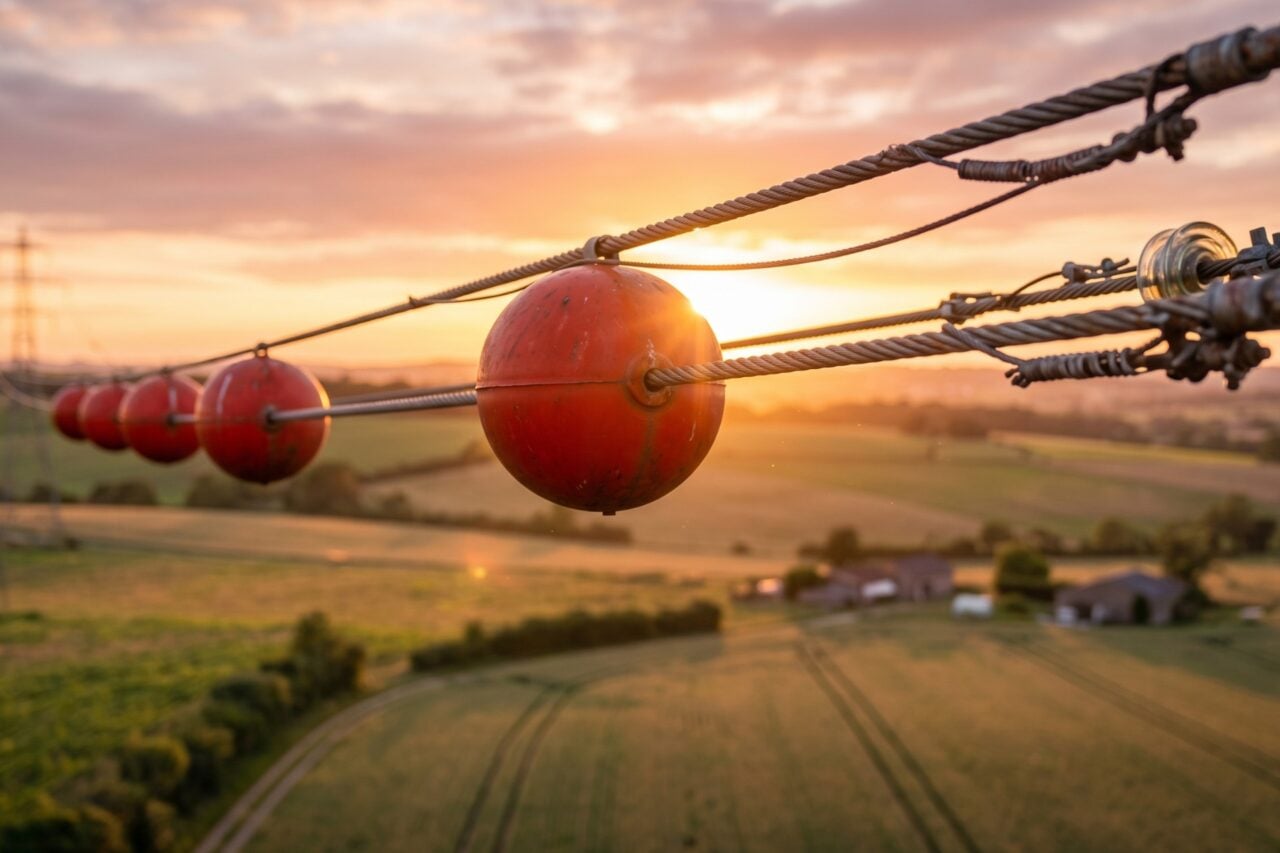 Boules rouges de signalisation accrochées sur des lignes électriques haute tension