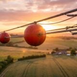 Boules rouges de signalisation accrochées sur des lignes électriques haute tension