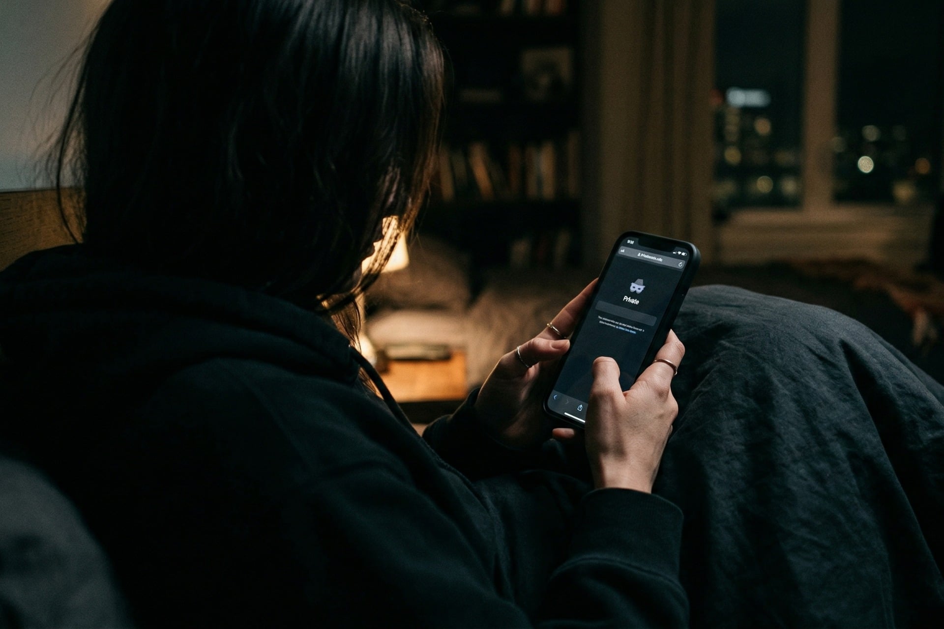 Personne regardant un smartphone en mode navigation privée, écran flou, ambiance tamisée, anonymat suggéré sans contenu explicite.