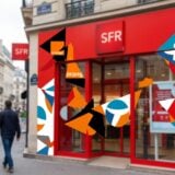 Logo SFR sur une boutique, symbole du rachat en cours par Orange, Bouygues Telecom et Free en 2026