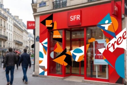 Logo SFR sur une boutique, symbole du rachat en cours par Orange, Bouygues Telecom et Free en 2026