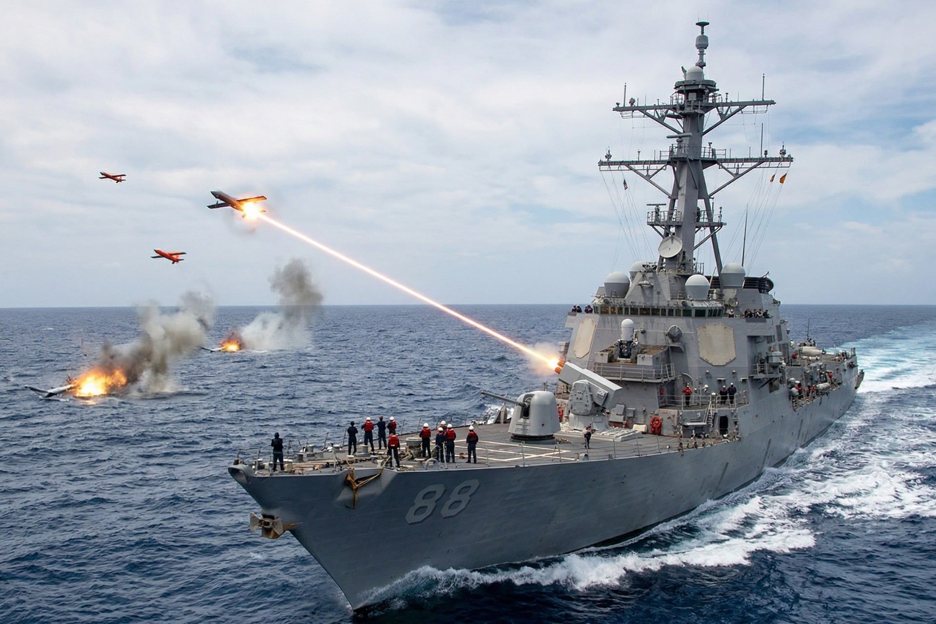 n destroyer de la classe Arleigh Burke en mer, avec un faisceau laser visible tirant vers un drone en vol, ciel légèrement nuageux