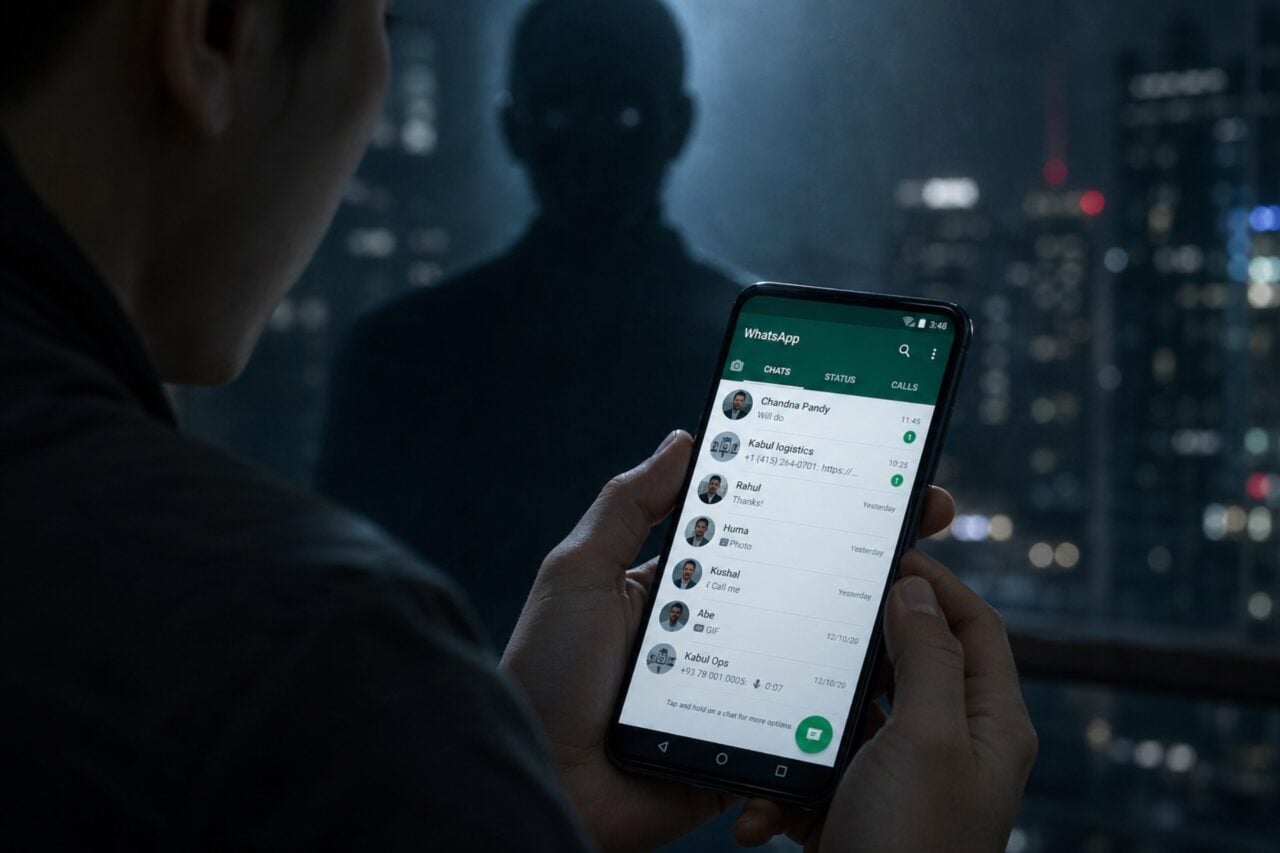 Un smartphone affichant WhatsApp avec une icône de cadenas symbolisant la sécurité des conversations