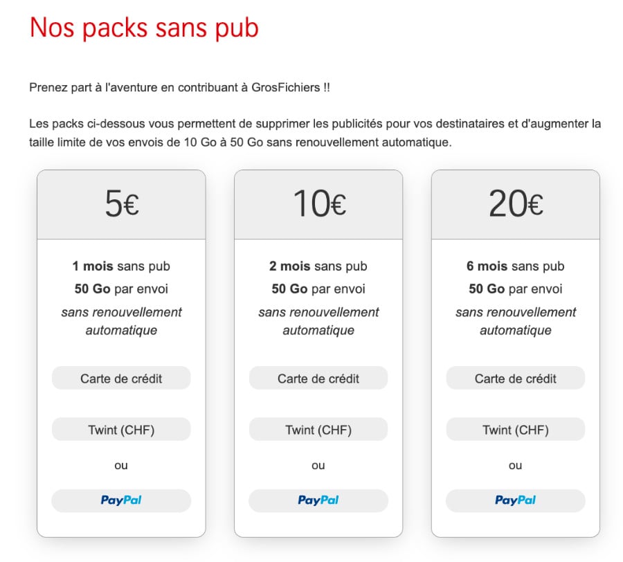 Avis GrosFichiers Prix Pack