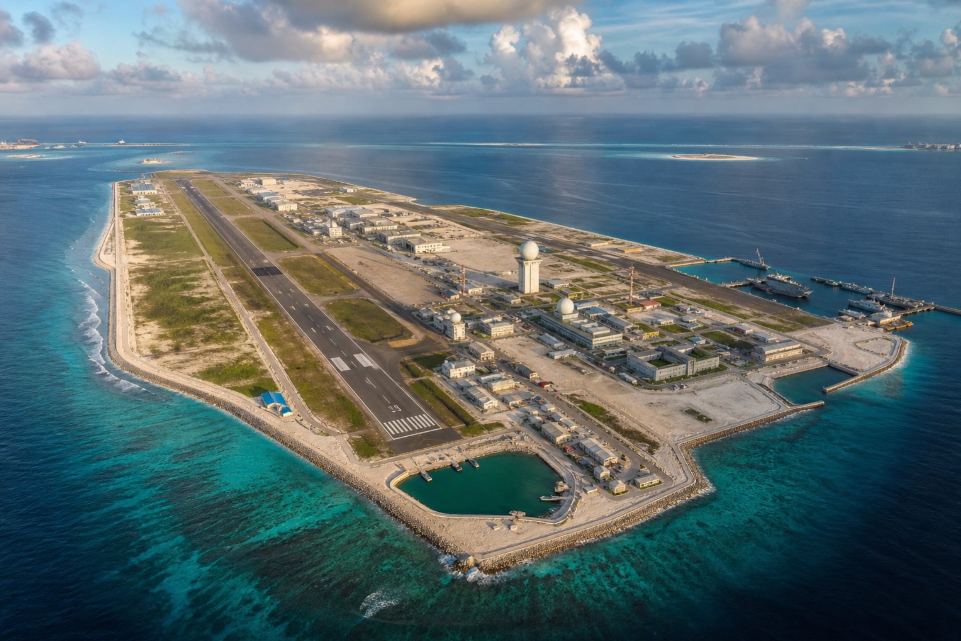Vue aérienne d'une île artificielle chinoise construite en mer de Chine méridionale