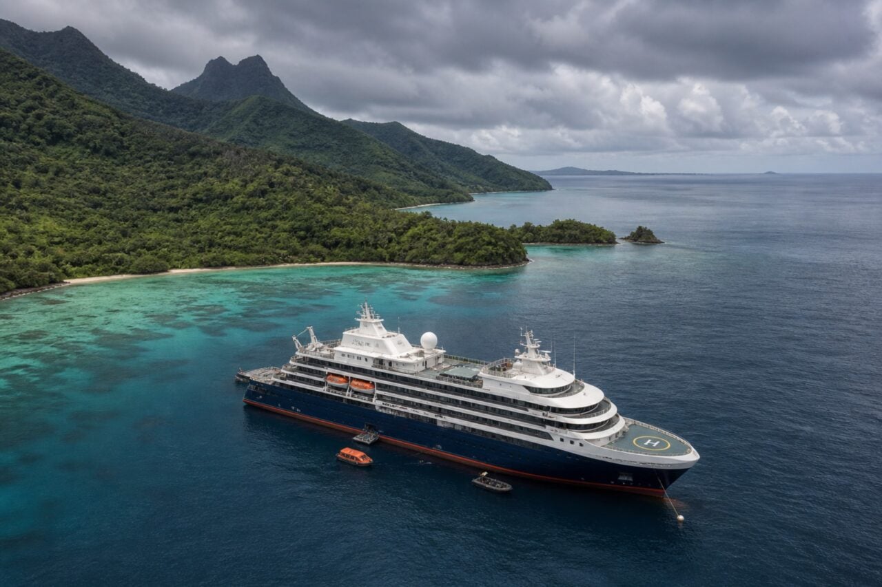 Le MV Hondius mouille au large du port de Praia, Cap-Vert, mai 2026