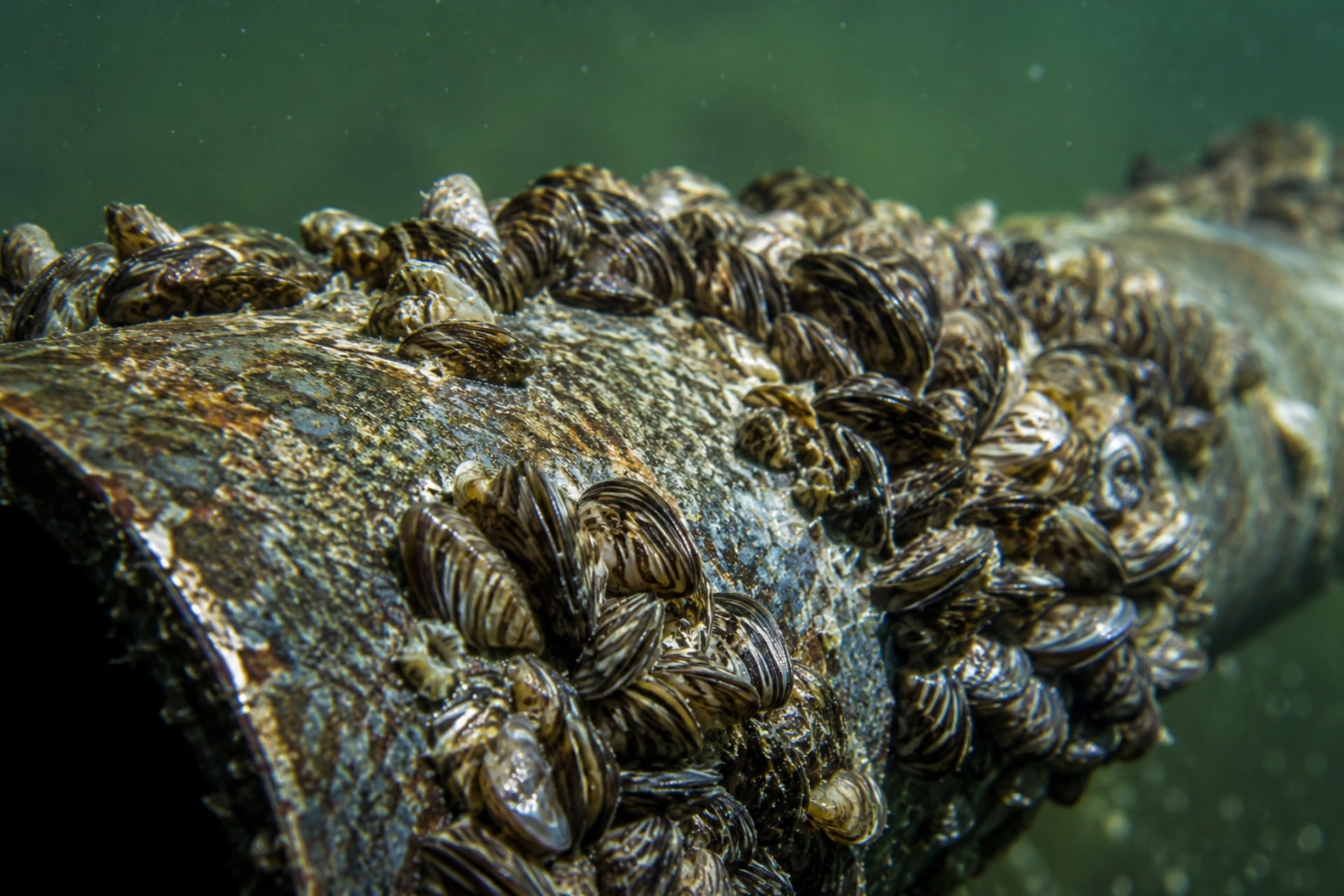 Moules invasives fixées sur une surface dure dans un plan d'eau californien