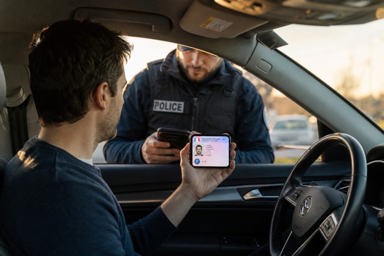 Conducteur présentant son permis de conduire numérique sur smartphone lors d'un contrôle routier