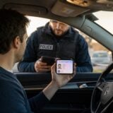 Conducteur présentant son permis de conduire numérique sur smartphone lors d'un contrôle routier