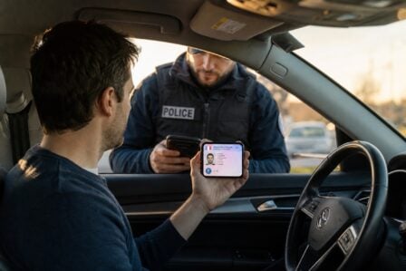 Conducteur présentant son permis de conduire numérique sur smartphone lors d'un contrôle routier