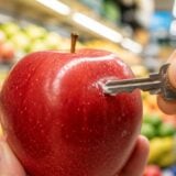 Main tenant des clés de voiture contre une pomme brillante, résidu de cire blanc visible sur la peau
