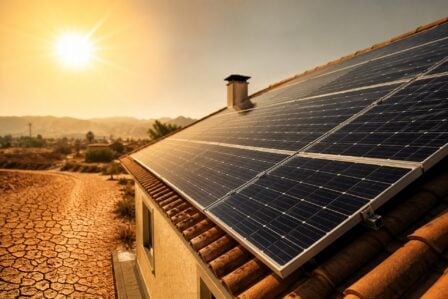 Panneaux Solaires Sur Un Toit Sous Un Soleil De Canicule Estivale Intense