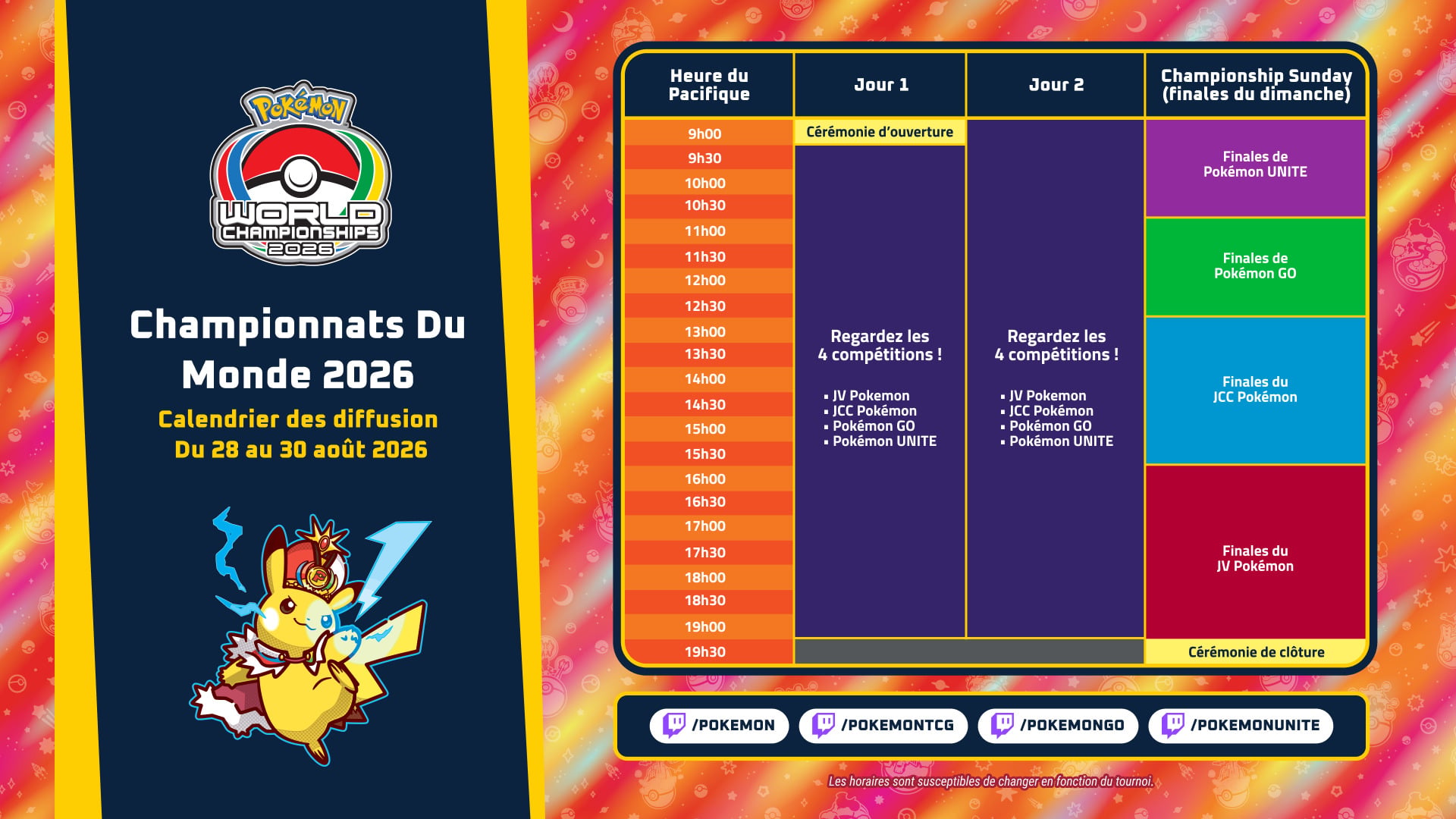 Calendrier événements championnats du monde Pokémon 2026