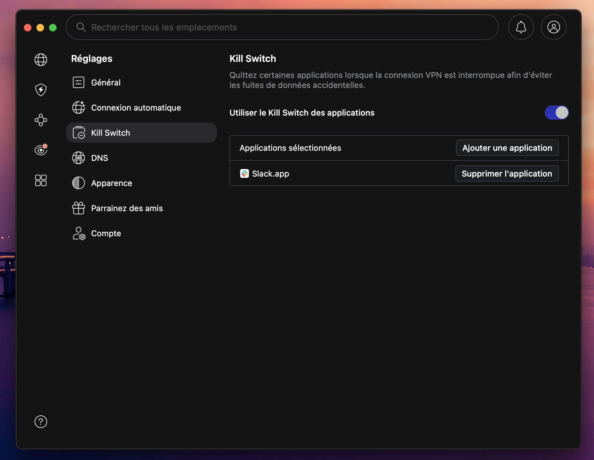 Kill Switch chez NordVPN au niveau des applications