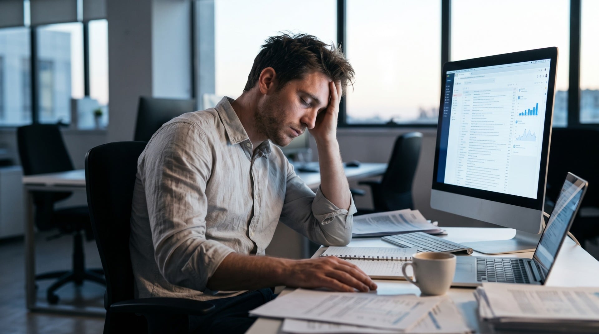 Employé de bureau épuisé par l'IA