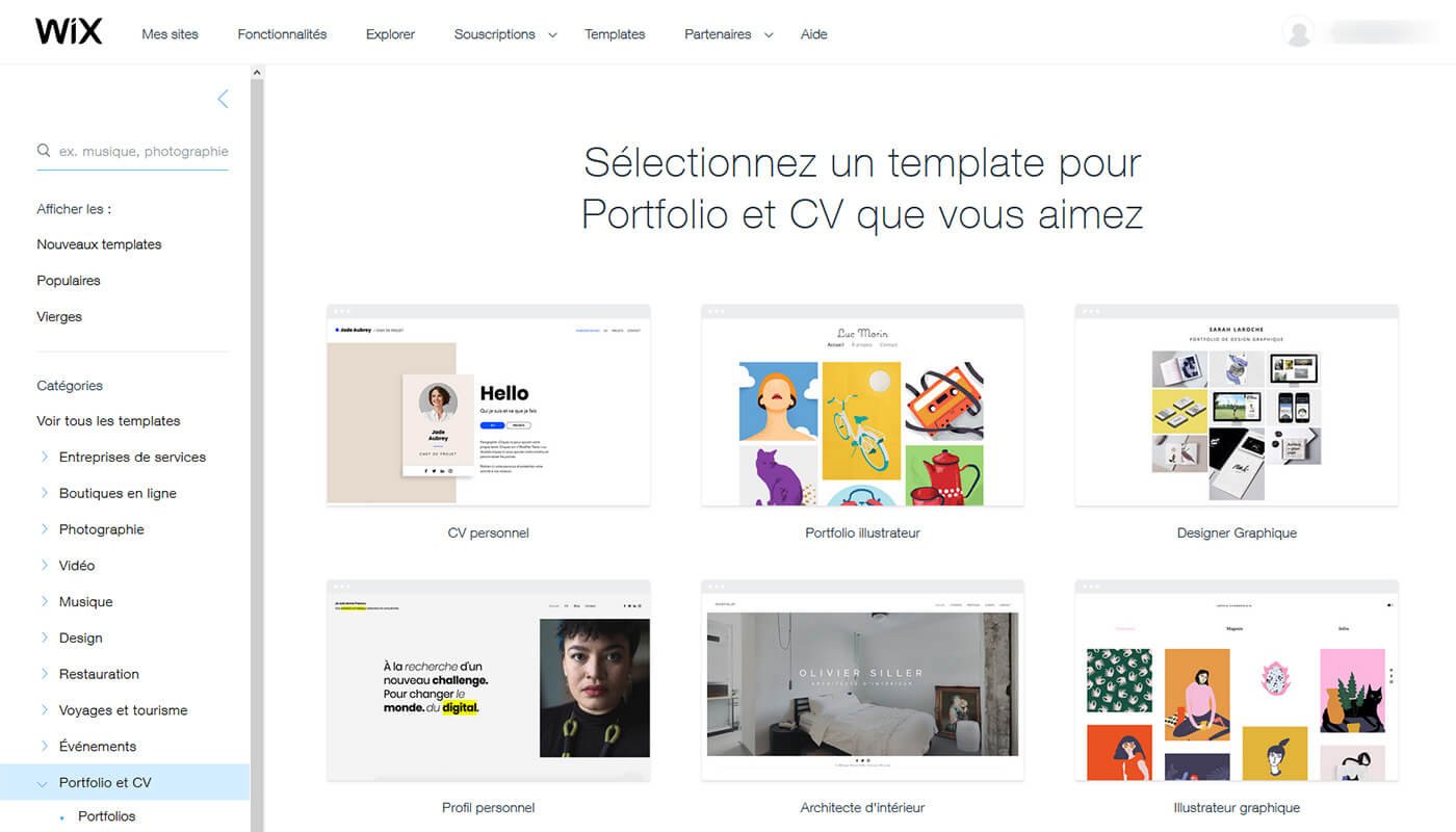 Choix template site Wix