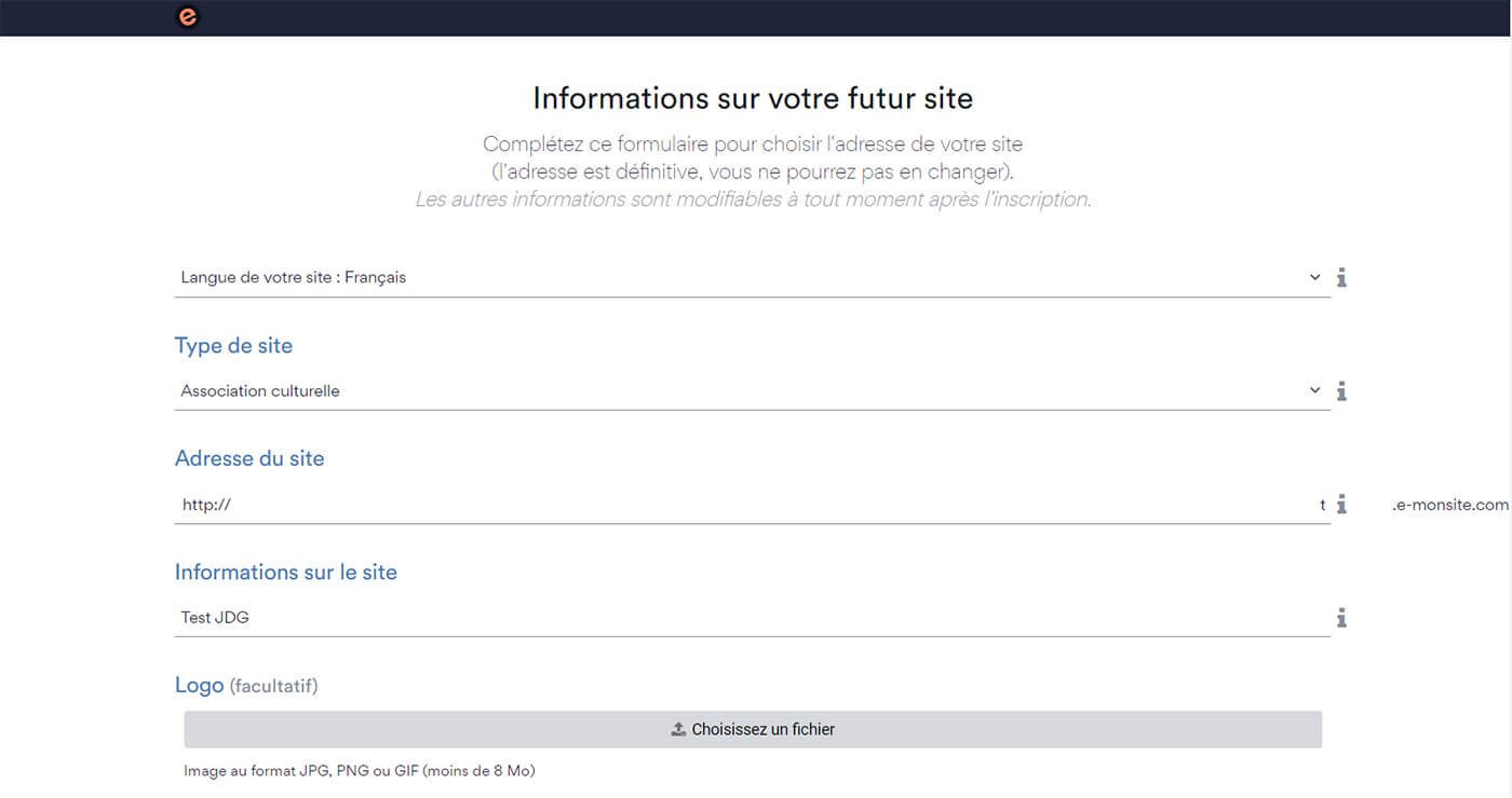 Formulaire création site E-monsite