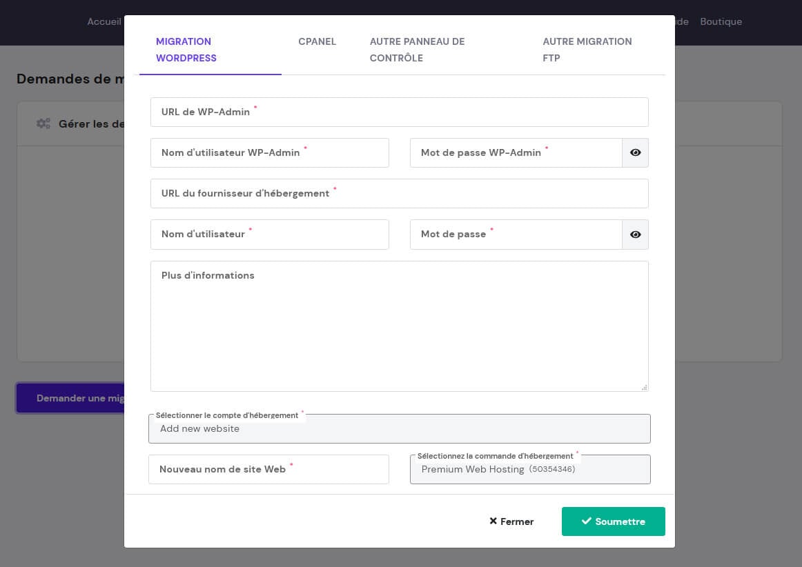 Formulaire migration site WordPress Hostinger