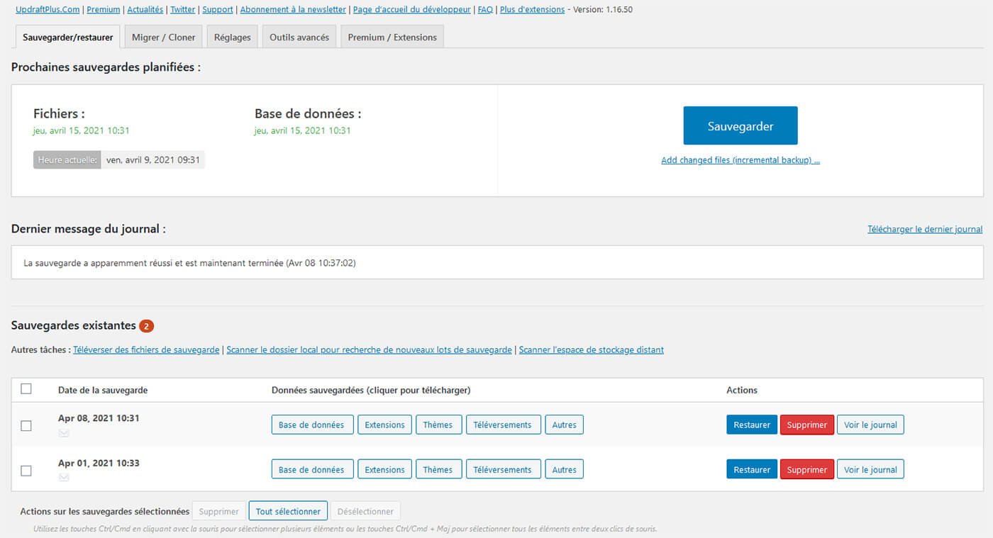 Plugin sauvegarde UpdraftPlus