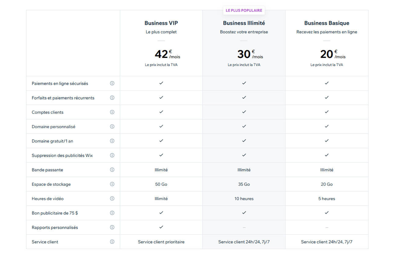 Prix Entreprise E-Commerce Wix