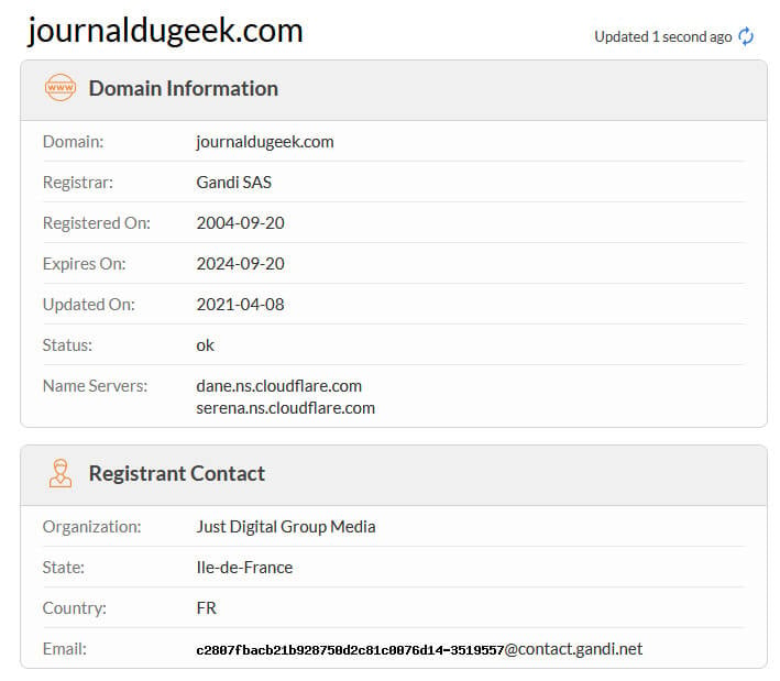 WHOIS Nom de domaine Journal du Geek