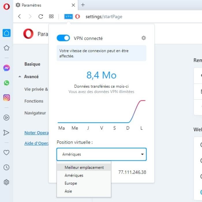 Choix de localisations Opera VPN