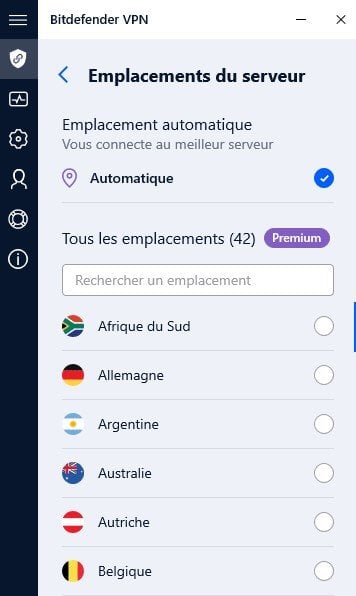 Chois de localisations Bitdefender VPN