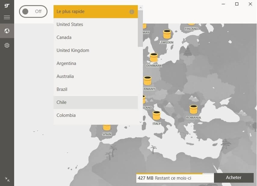 Choix de localisations VPN TunnelBear