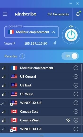 Interface Windscribe