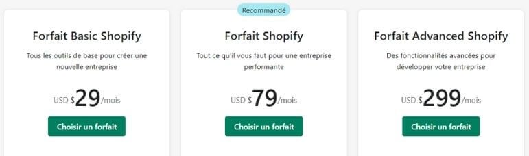 Tarifs boutique Shopify